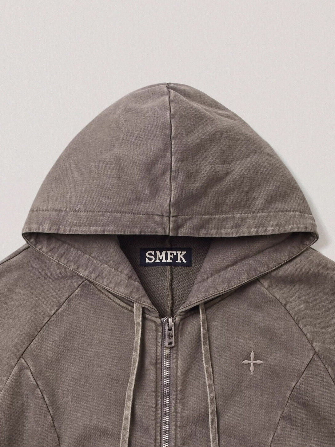 SMFK Washed Cotton Zip Up Hoodie in Dark Gray - Detail