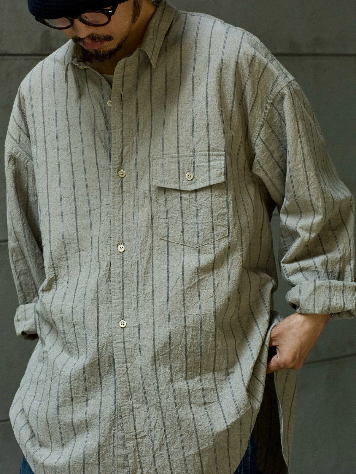 USAGE Crinkled Cotton Striped Button Down in Beige - On Male Model