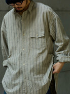 USAGE Crinkled Cotton Striped Button Down in Beige - On Male Model