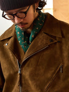 USAGE Distressed Faux Suede Moto Jacket in Brown - On Male Model