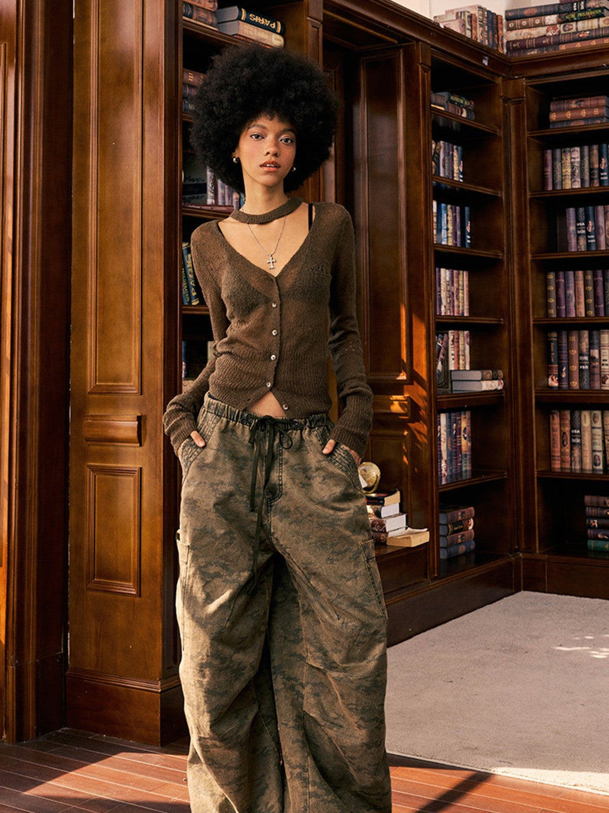 BEERBRO Washed Camo Parachute Cargo Pants in Olive - On Female Model