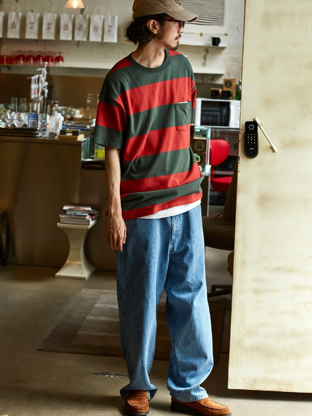 USAGE Wide Striped Cotton Pocket T Shirt in Green - On Male Model