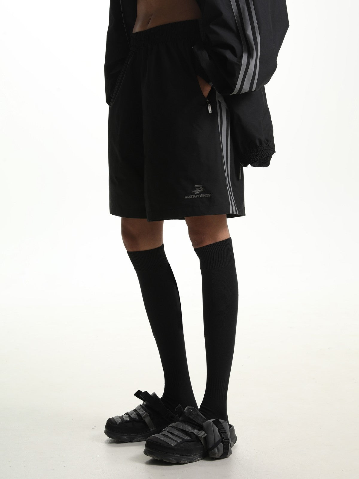 MASONPRINCE Striped Cotton Blend Track Shorts in Black - On Model