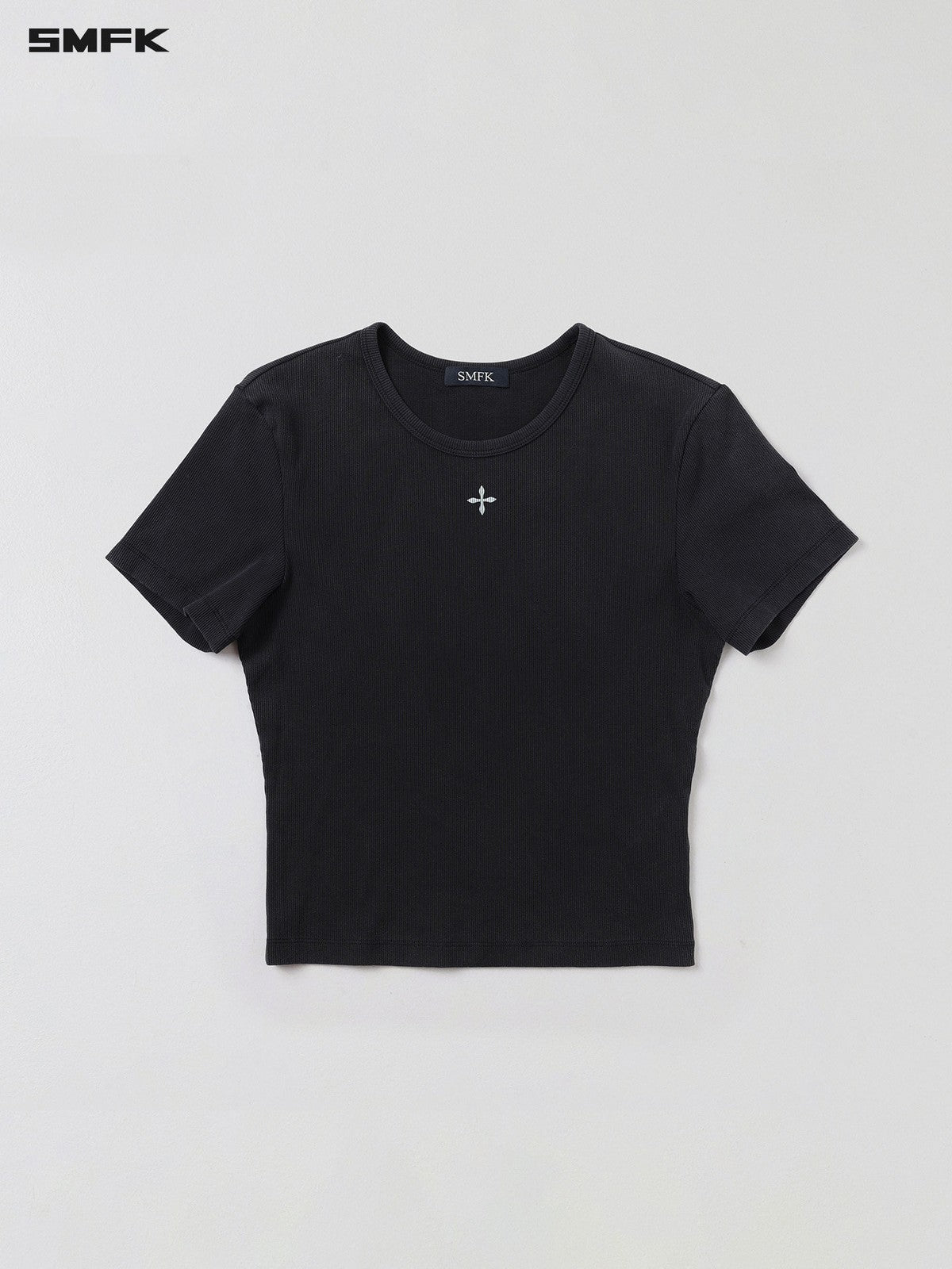 SMFK Silk Blend Short Sleeve Crop Top in Black