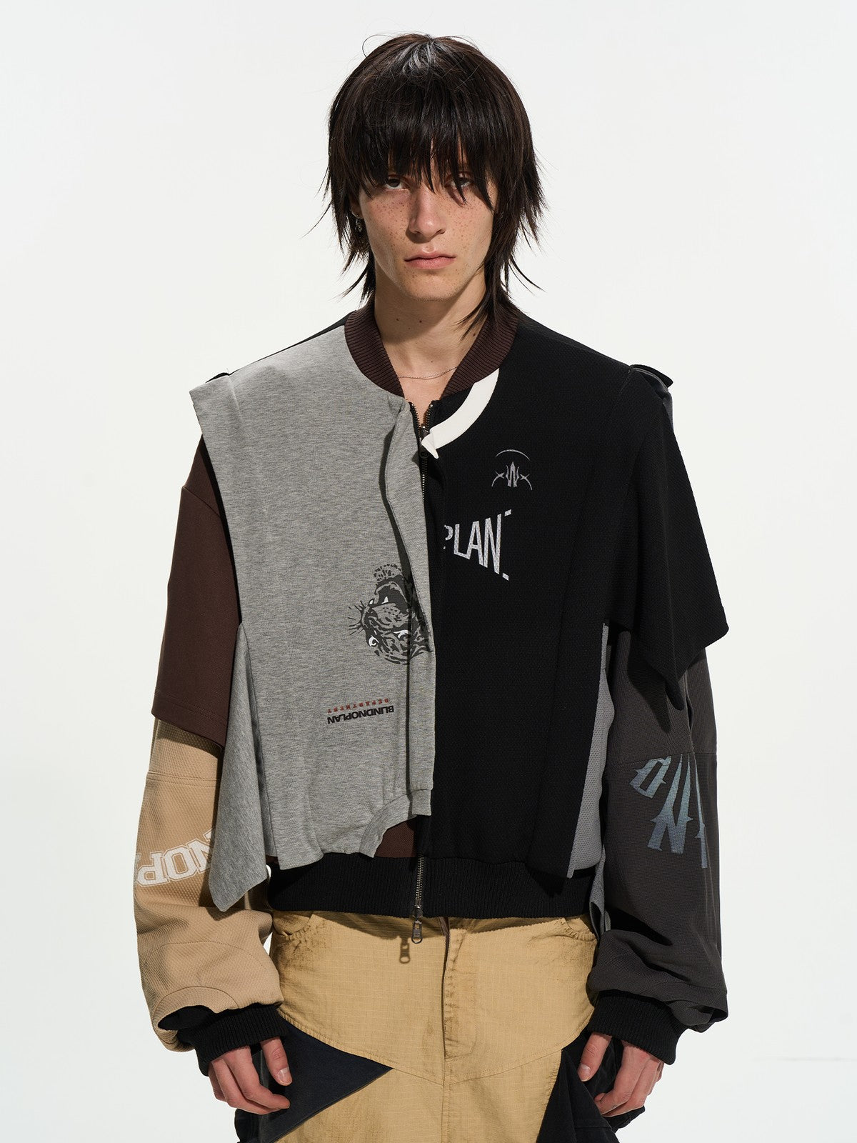 BLINDNOPLAN Reversible Patchwork Bomber Jacket in Beige - On Male Model