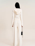 SMFK Washed Ribbed Zip Up Hoodie in Cream - On Female Model