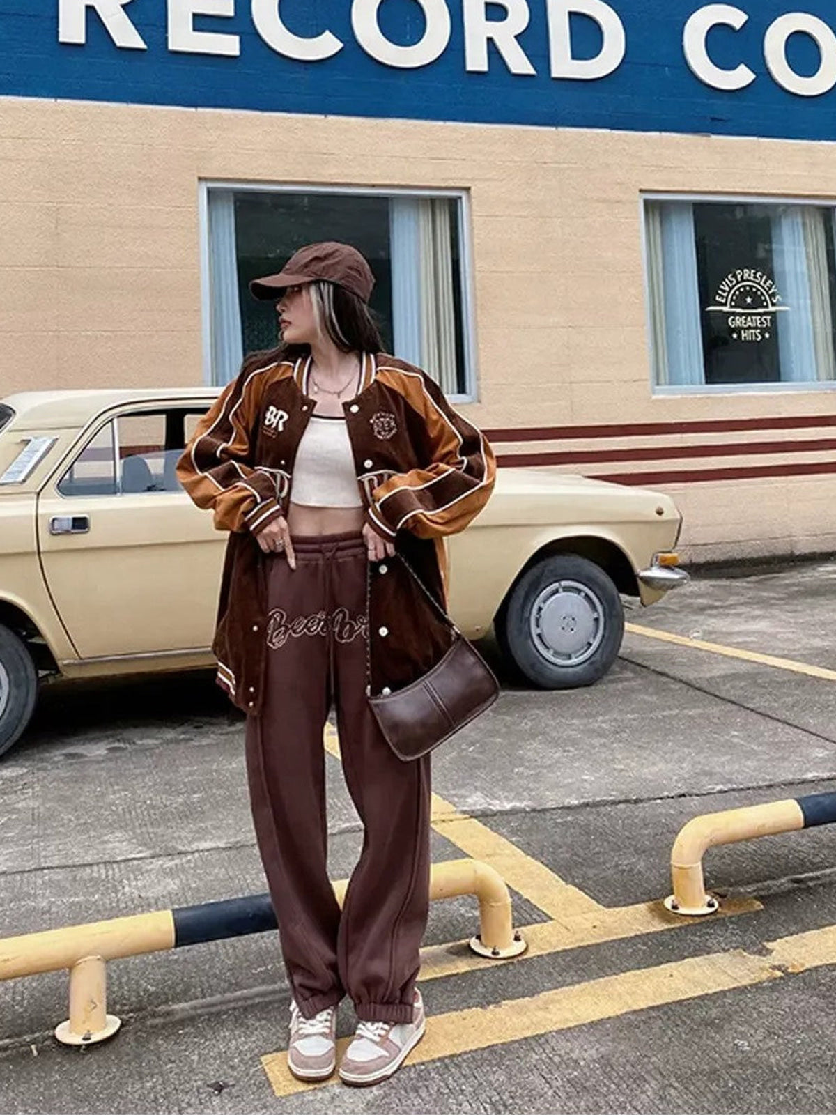 BeerBro Embroidered Script Joggers in Brown - On Female Model
