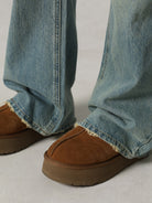 MASONPRINCE High Waisted Distressed Flared Jeans in Denim - On Model