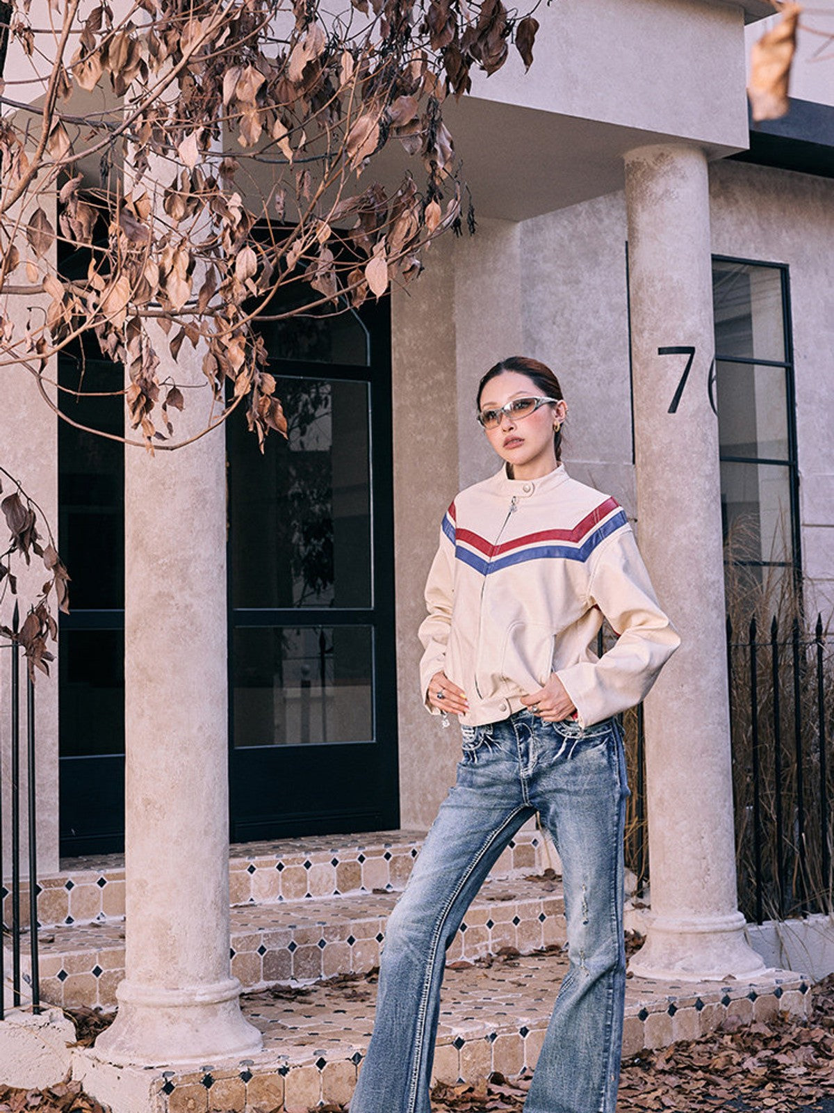 BEERBRO Contrast Stripe Leather Jacket in Cream - On Female Model