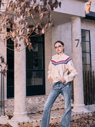 BEERBRO Contrast Stripe Leather Jacket in Cream - On Female Model