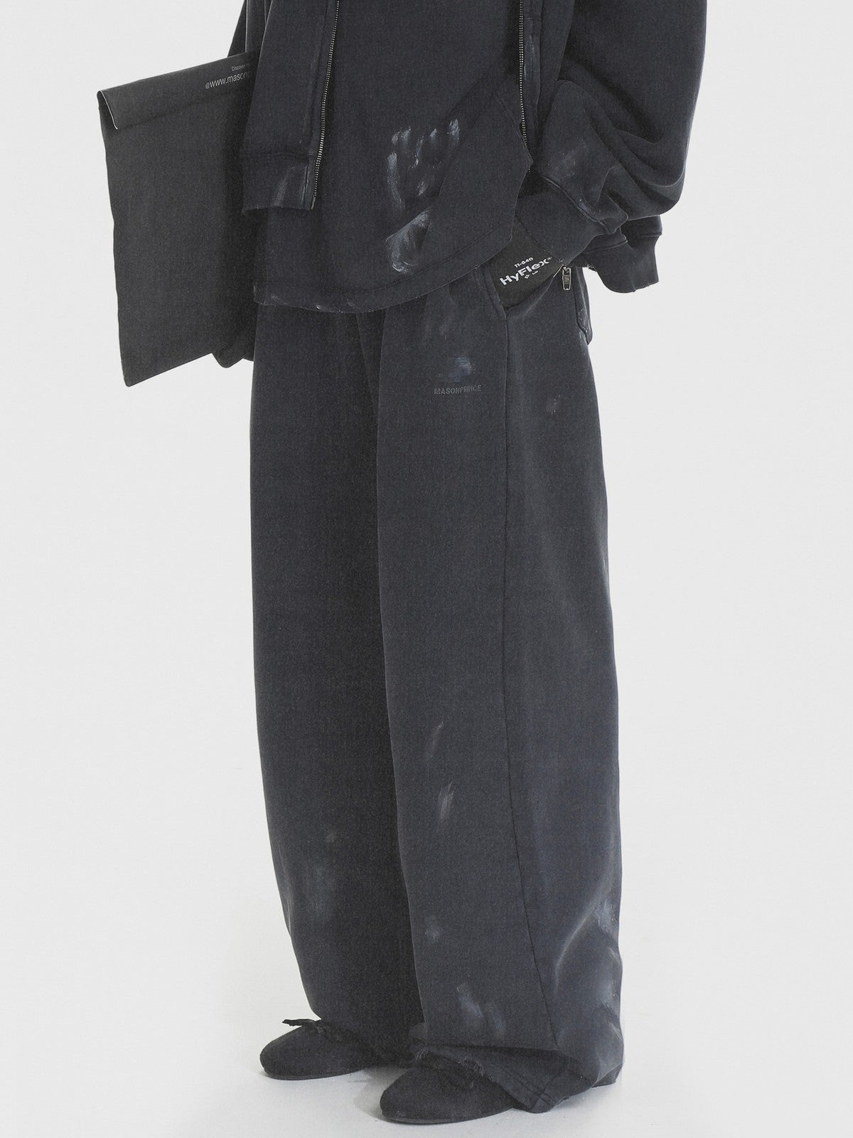 MASONPRINCE Distressed Painted Zip Up Hoodie in Charcoal - On Model
