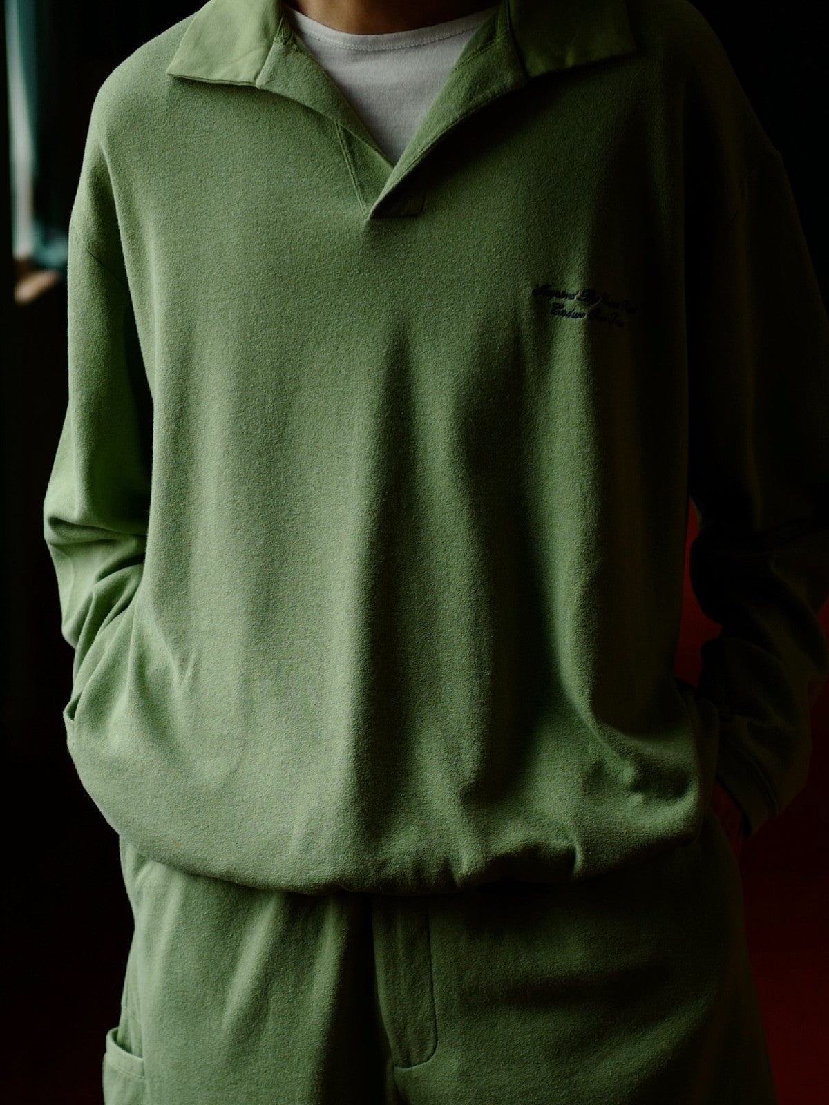 USAGE Oversized Textured Long Sleeve Polo in Mint - On Model