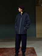 USAGE Drawstring Zip Front Tech Anorak in Navy Blue - On Male Model