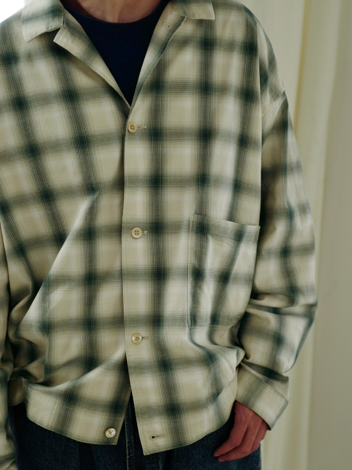USAGE Gradient Plaid Cotton Blouson in Off-White - On Male Model