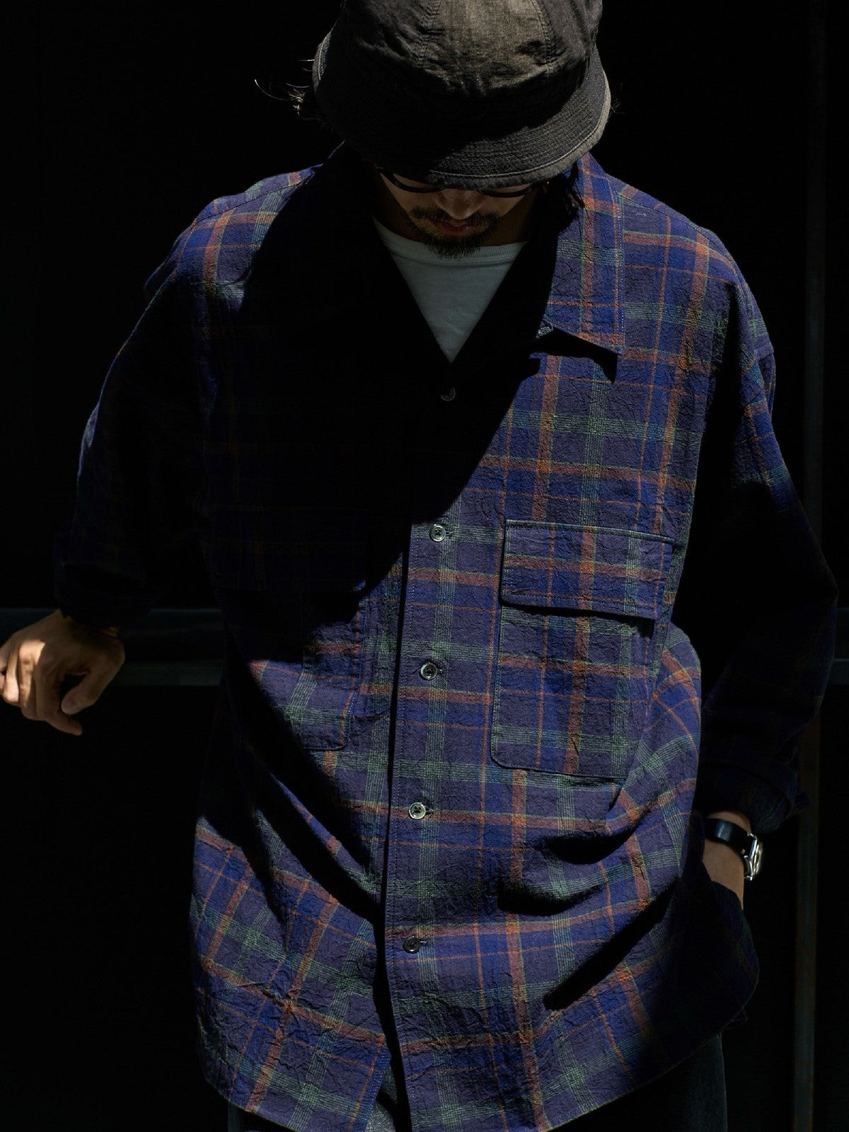 USAGE Washed Crinkle Plaid Open Collar Shirt in Navy Blue - On Male Model