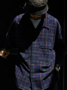 USAGE Washed Crinkle Plaid Open Collar Shirt in Navy Blue - On Male Model