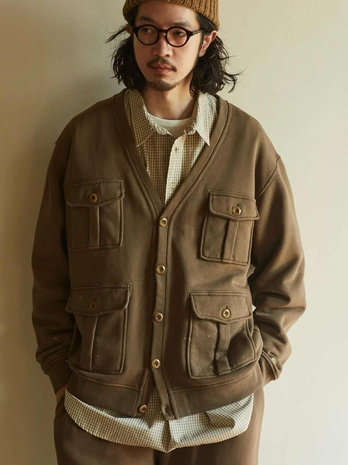 USAGE Cotton Safari Pocket Cardigan Sweatshirt in Beige - On Male Model