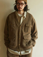 USAGE Cotton Safari Pocket Cardigan Sweatshirt in Beige - On Male Model