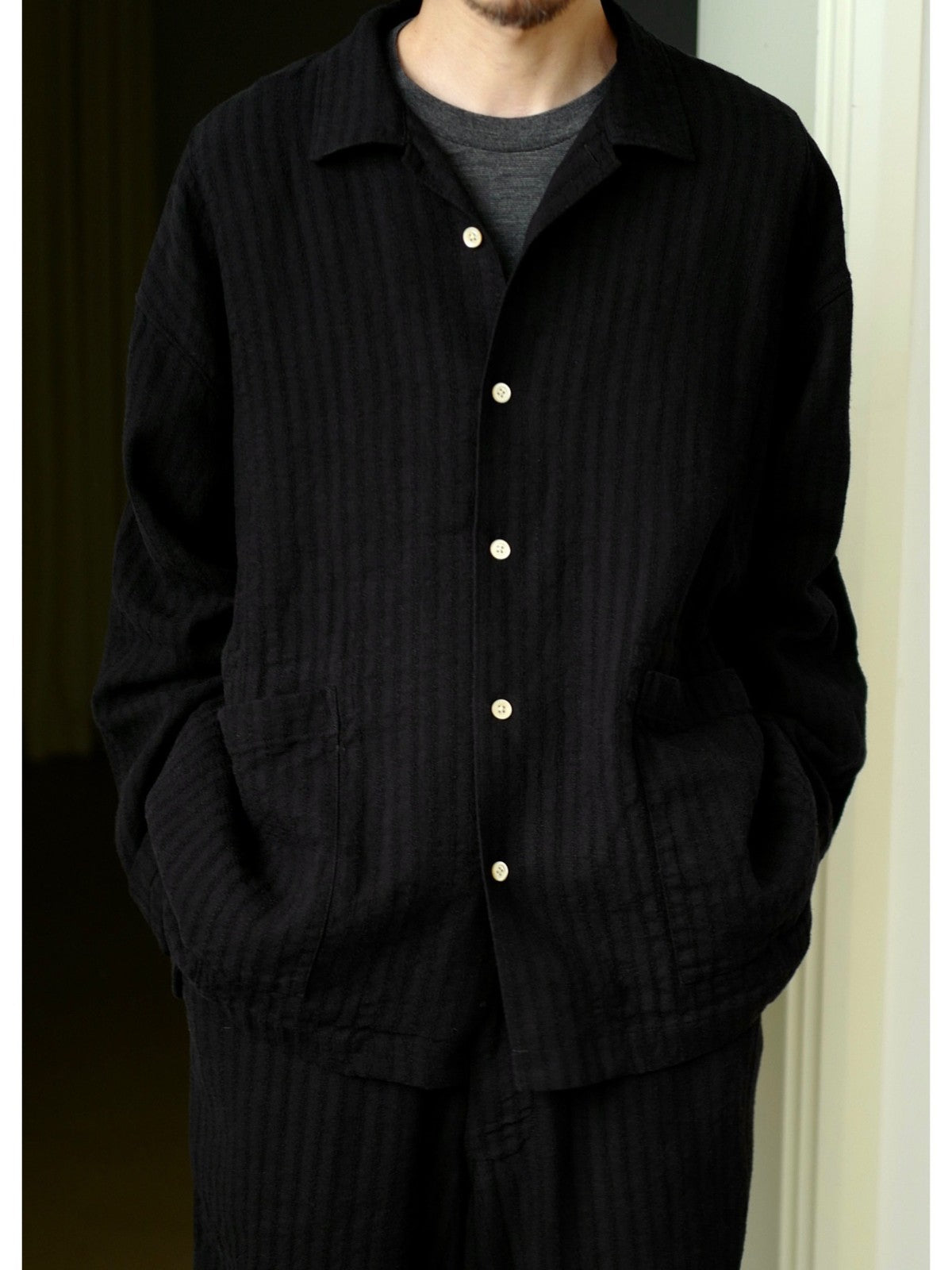 USAGE Textured Cotton Ramie Work Shirt in Black - On Male Model