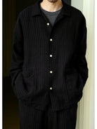 USAGE Textured Cotton Ramie Work Shirt in Black - On Male Model