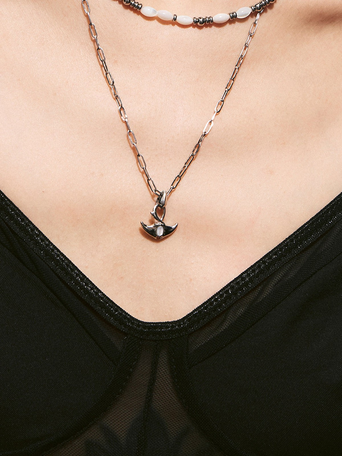 BLACKHEAD Double Layer Manta Ray Necklace in Silver - On Female Model