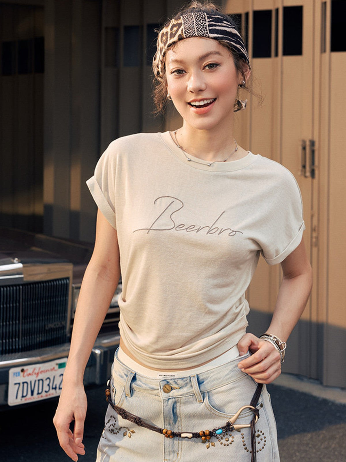BEERBRO Embroidered Tencel Cinched Tee in Cream - On Female Model