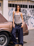 BEERBRO Leopard Cuff Wide Leg Jeans in Blue - On Female Model