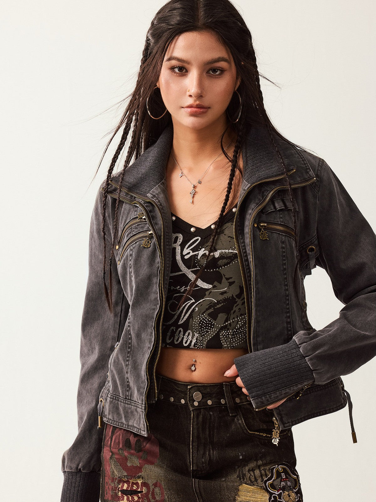 BEERBRO Mock Layer Cotton Biker Jacket in Gray - On Female Model