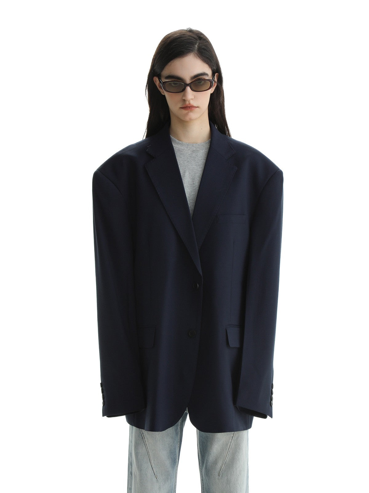 MASONPRINCE Minimalist Textured Two Button Blazer in Navy Blue - On Female Model
