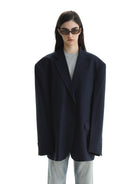 MASONPRINCE Minimalist Textured Two Button Blazer in Navy Blue - On Female Model