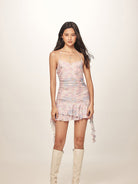 BEERBRO Beaded Shell Print Mesh Dress in Pink - On Female Model