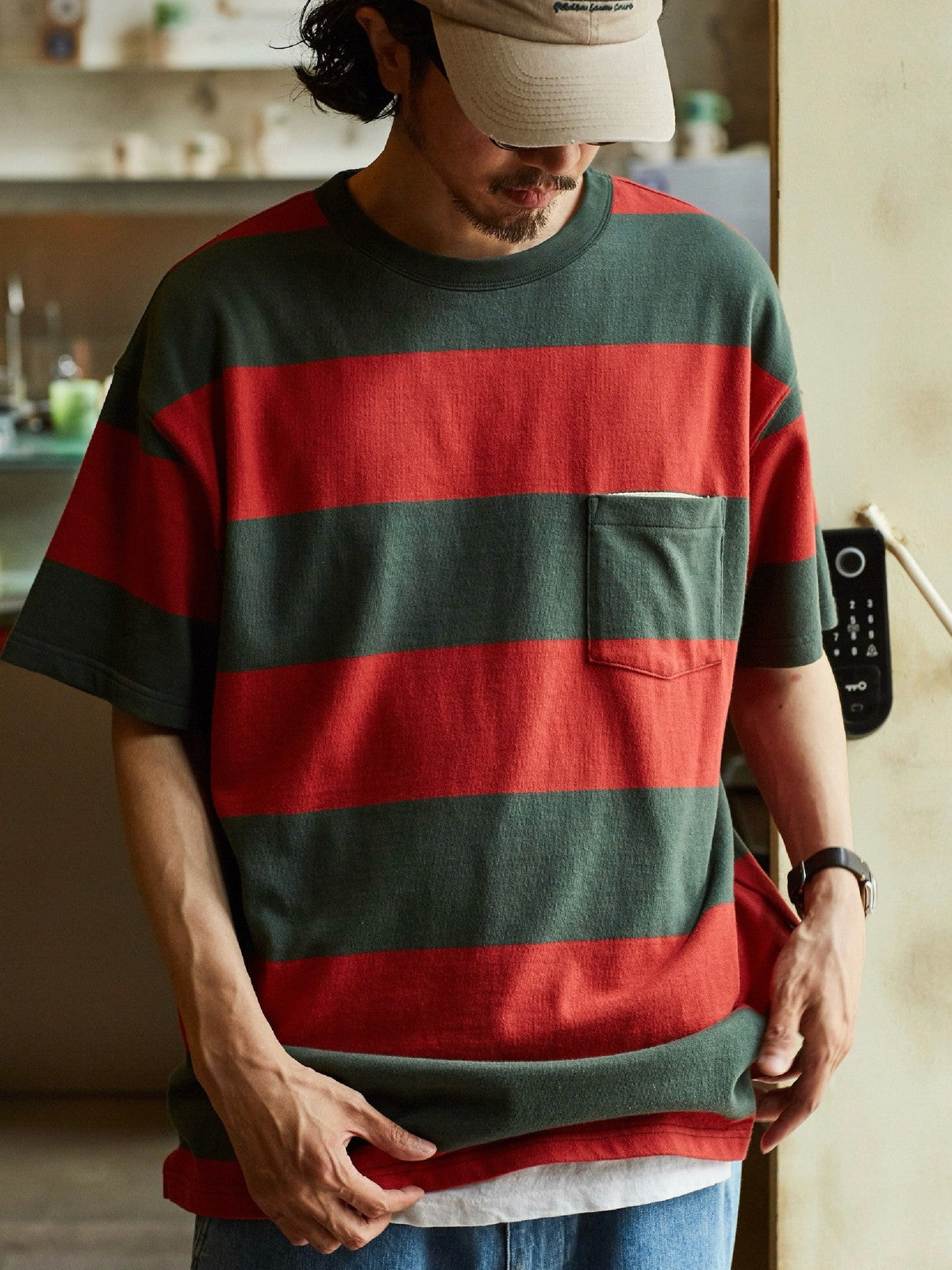 USAGE Wide Striped Cotton Pocket T Shirt in Green - On Male Model
