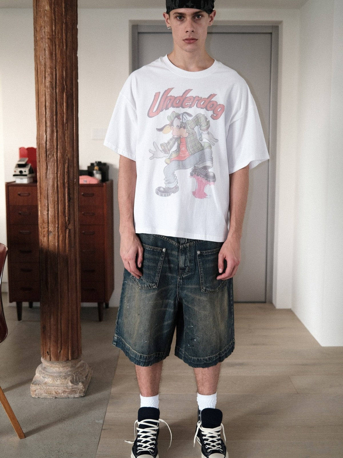 UNKNOWNWORLD Mud Dye Reverse Pocket Shorts in Yellow - On Male Model