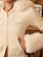 BEERBRO Fur Trimmed Rhinestone Knit Hoodie in Orange - On Female Model