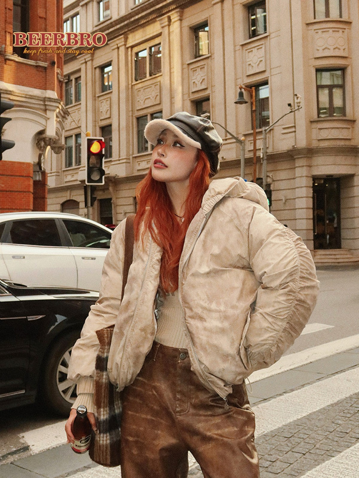 BEERBRO Washed Cotton Ruched Puffer in Beige - On Female Model