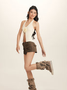BEERBRO 3D Rose Knit Halter Top in Cream - On Female Model