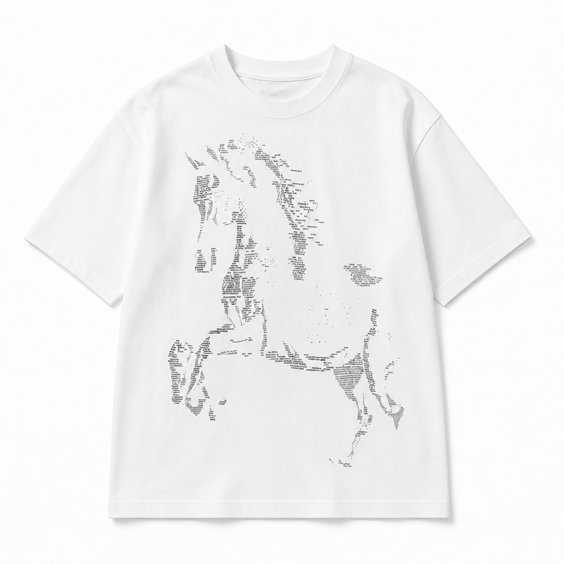 Mingstreet ASC launch still-life | SIMPLE PROJECT | Letter Horse Silhouette T Shirt | White | crumple_regen_confirmed_2026-06-25
