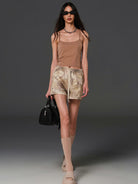 SMFK Cotton Blend Cargo Shorts in Beige - On Female Model
