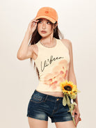 BEERBRO Orchid Graphic Knit Tank in Yellow - On Female Model