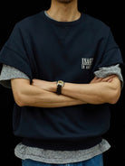 USAGE Raw Edge Cotton Short Sleeve Sweatshirt in Navy Blue - On Male Model