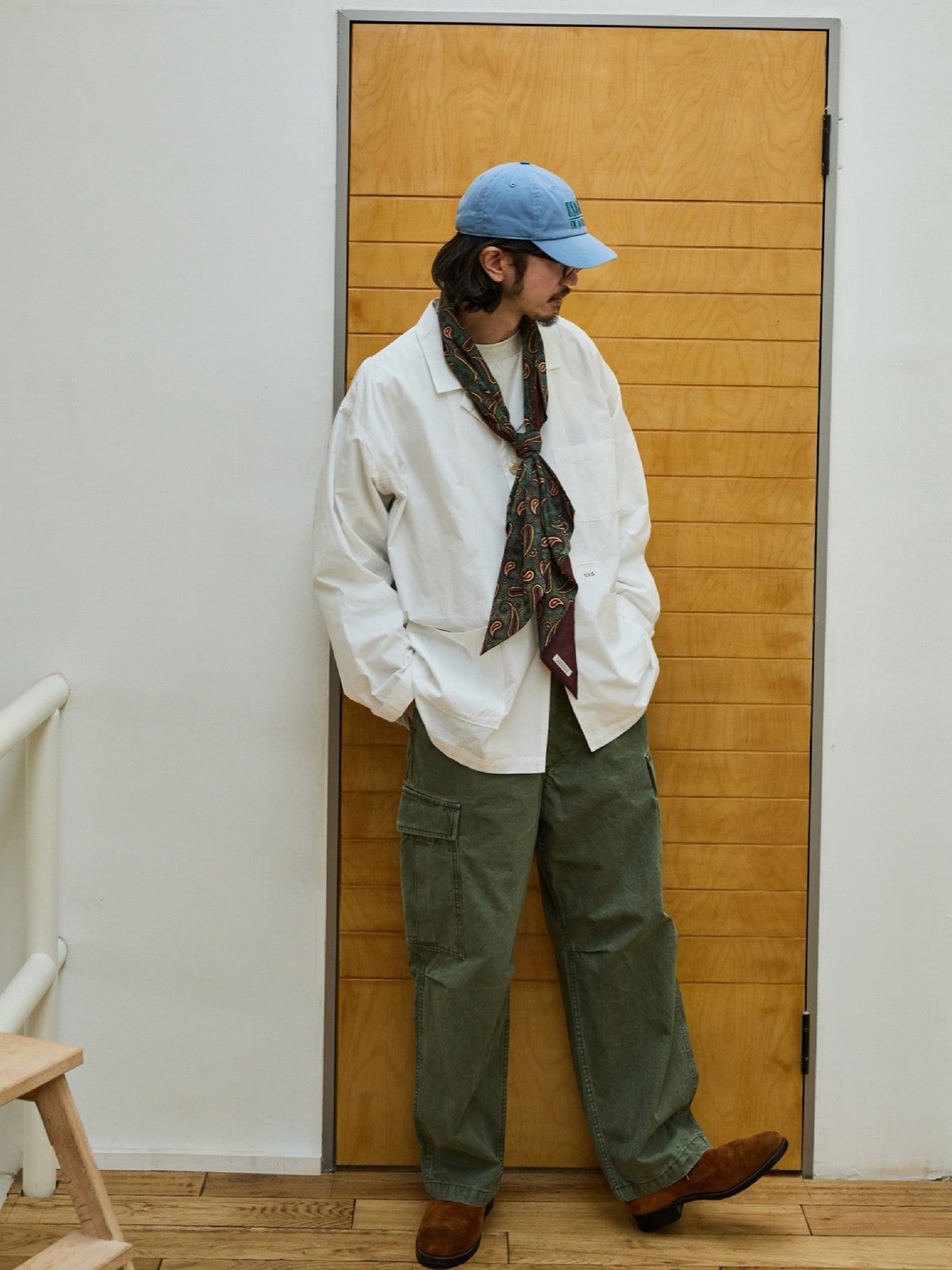 USAGE Cotton Workwear Shirt Jacket in White - On Male Model