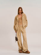 SMFK Washed Cotton Zip Up Hoodie in Beige - On Female Model
