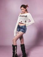 BEERBRO Jacquard Knit Shrug Cami Set in White - On Female Model