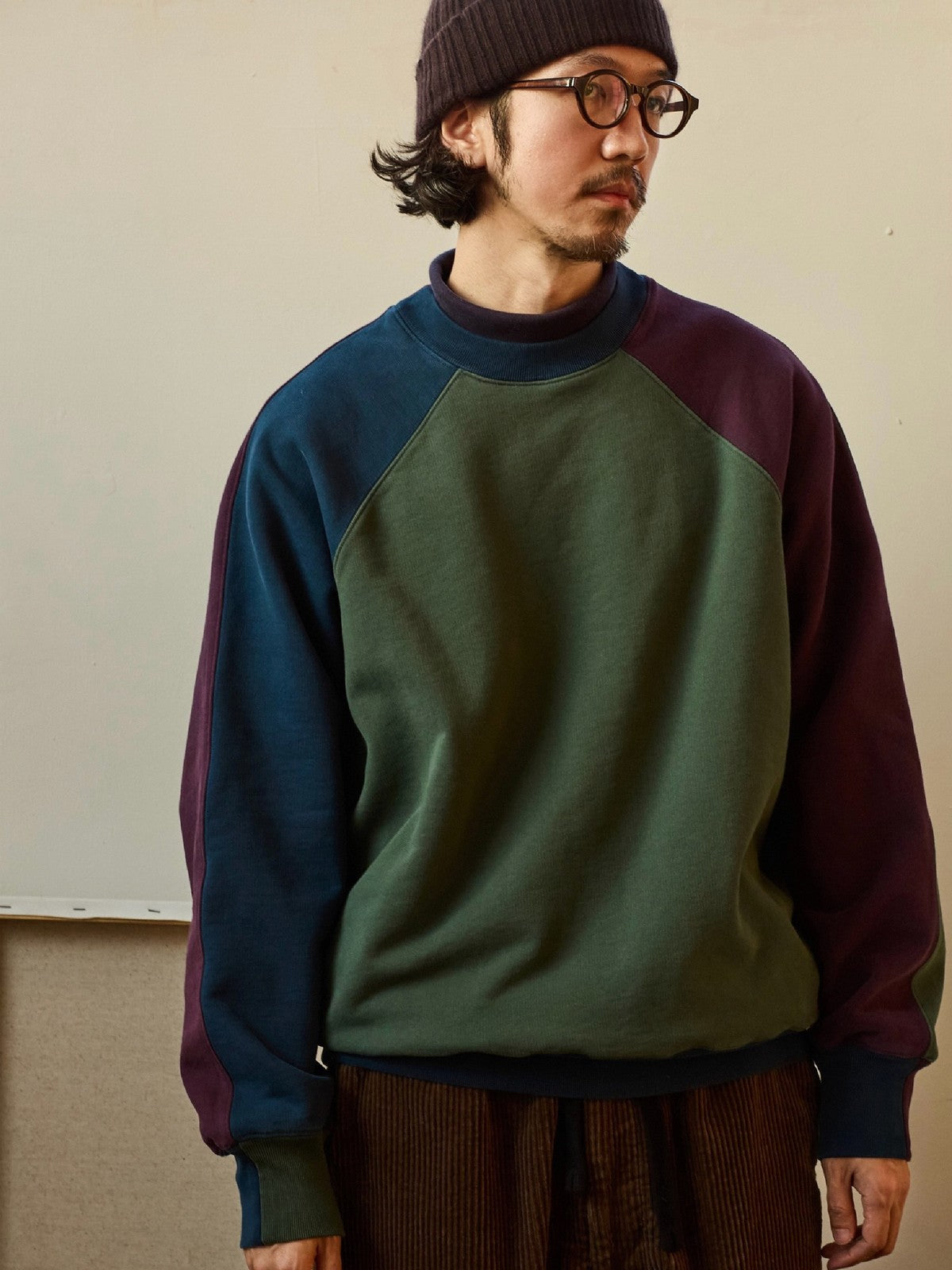 USAGE Colorblock Raglan Cotton Sweatshirt in Green - On Male Model