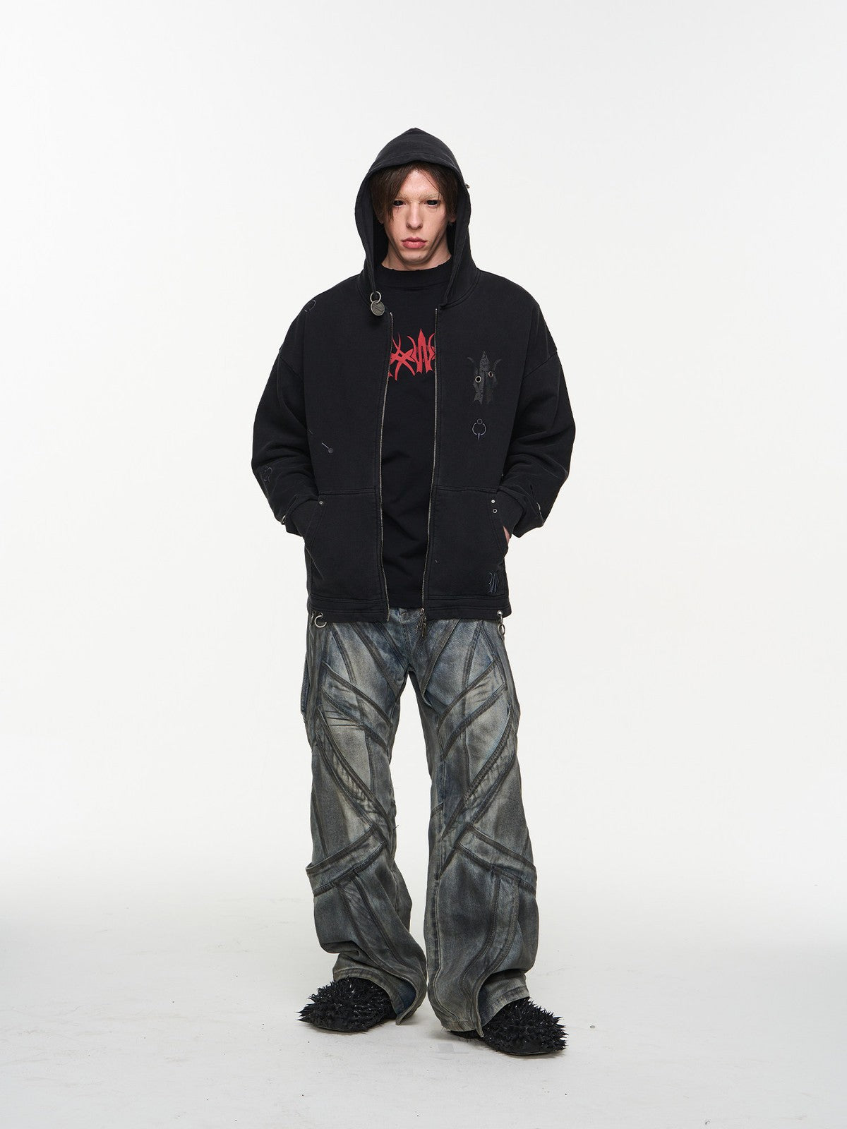 BLINDNOPLAN Washed Distressed Graphic Zip Hoodie in Black - On Male Model