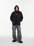 BLINDNOPLAN Washed Distressed Graphic Zip Hoodie in Black - On Male Model