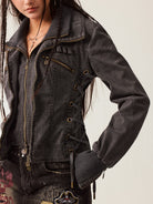 BEERBRO Mock Layer Cotton Biker Jacket in Gray - On Female Model