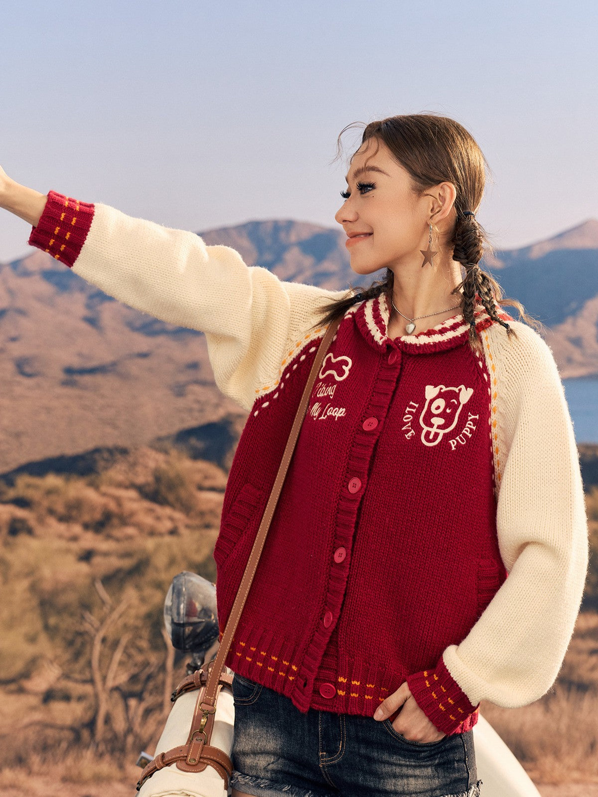 BEERBRO Dog Motif Wool Cardigan in Red - On Female Model