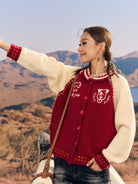 BEERBRO Dog Motif Wool Cardigan in Red - On Female Model