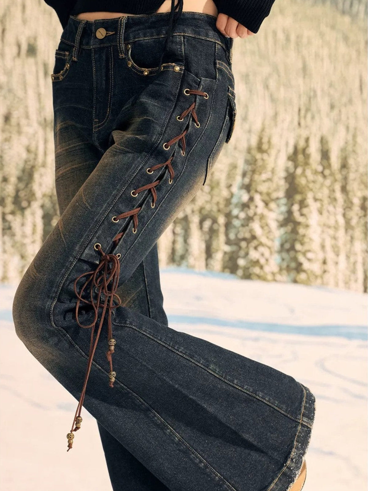 BeerBro Side Lace Up Low Rise Flare Jeans in Blue - On Female Model